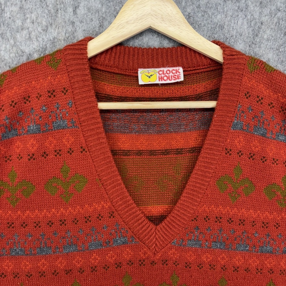 True Vintage Sweater Vest Men's 46 Large Orange Knit 80s V Neck - Picture 3 of 11